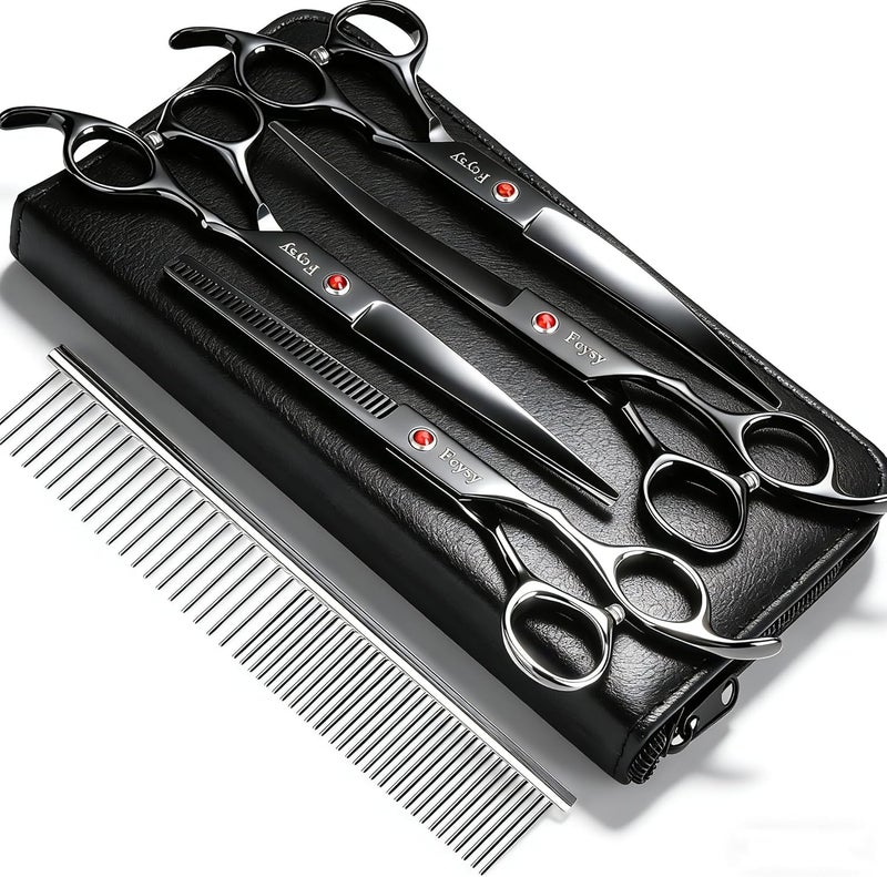 Fcysy Dog Grooming Scissors Kit, Professional Pet Hair Cutting Shears Set with Curved & Straight Blades Scissors Thinning Shears– Stainless Steel Grooming Tools for Dogs & Cats at Home - Image 1